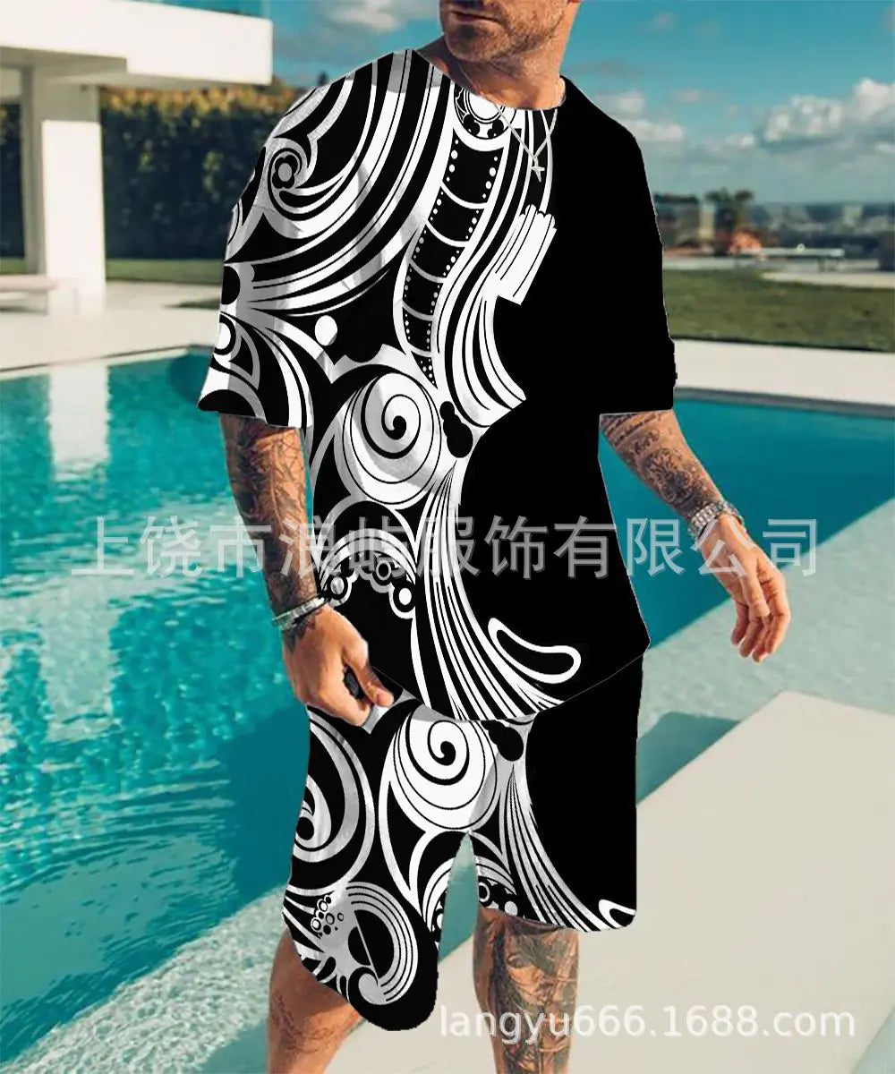 Men's Color Block 3D Printed T-Shirt Set for Summer 2023