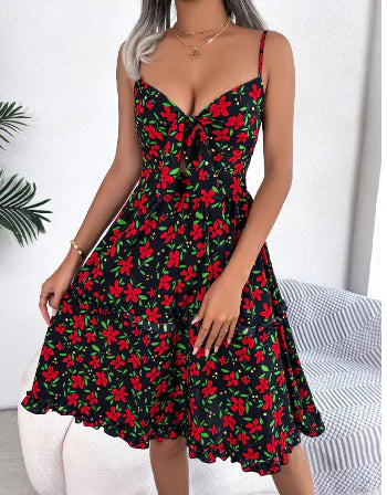Floral Ruffle Cami Dress with Bow Detail (One Piece)