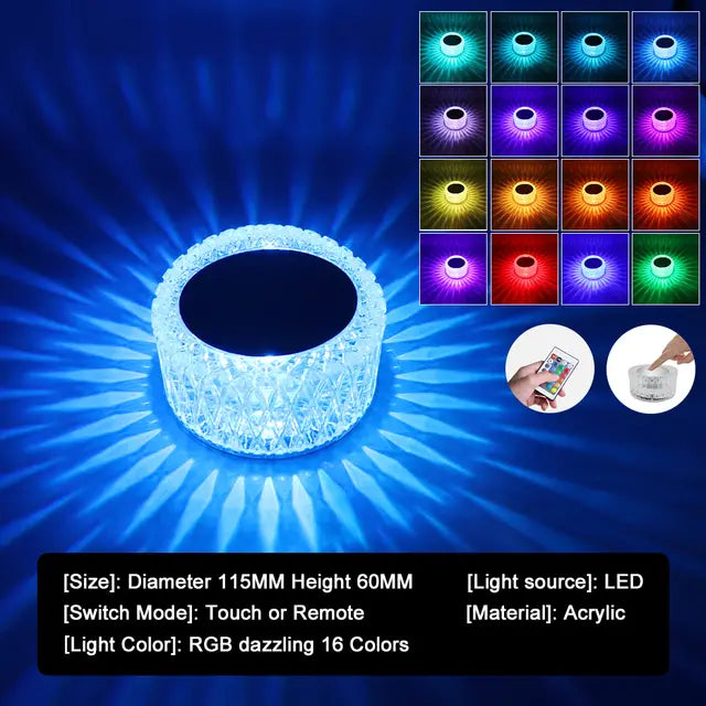 16-Color LED Crystal Table Lamp with Remote & Touch