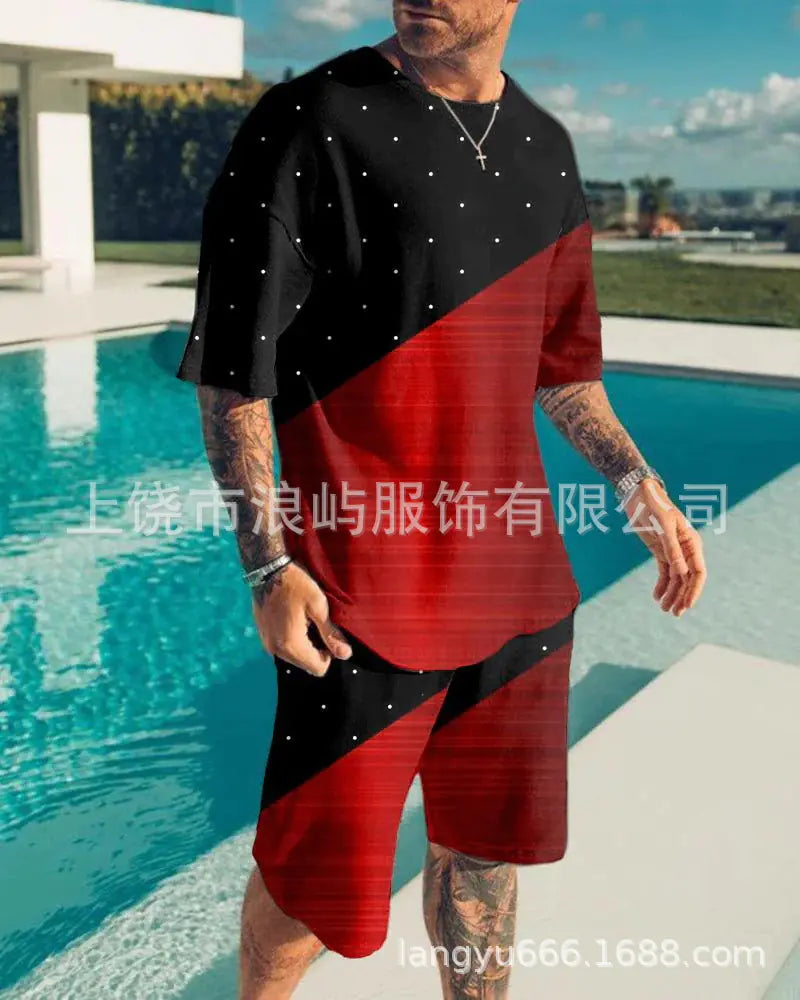 Men's Color Block 3D Printed T-Shirt Set for Summer 2023
