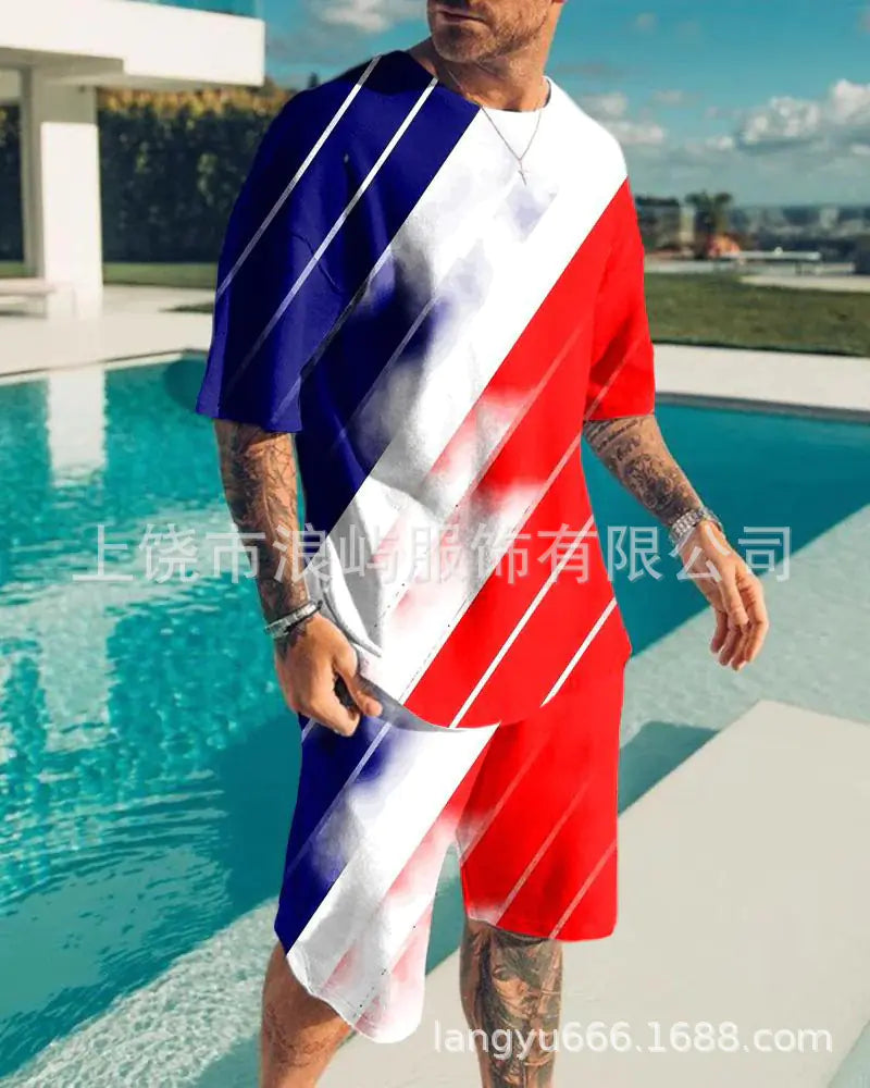 Men's Color Block 3D Printed T-Shirt Set for Summer 2023