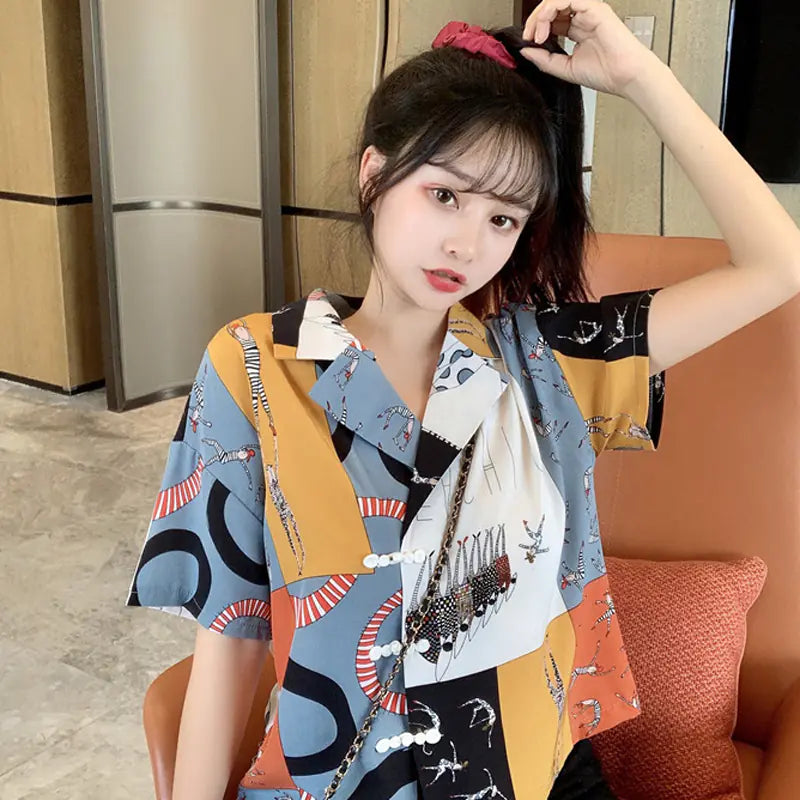 Geometric Pattern Short Sleeve Blouse for Women