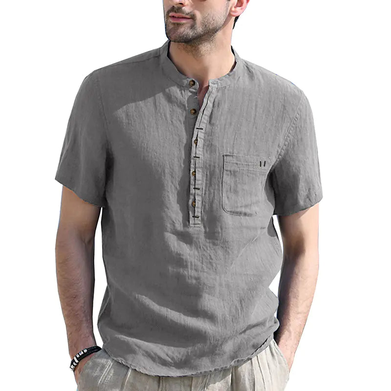 Men's Casual Cotton Linen Short Sleeve Polo Shirt
