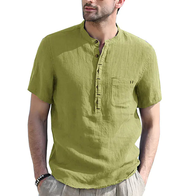 Men's Casual Cotton Linen Short Sleeve Polo Shirt
