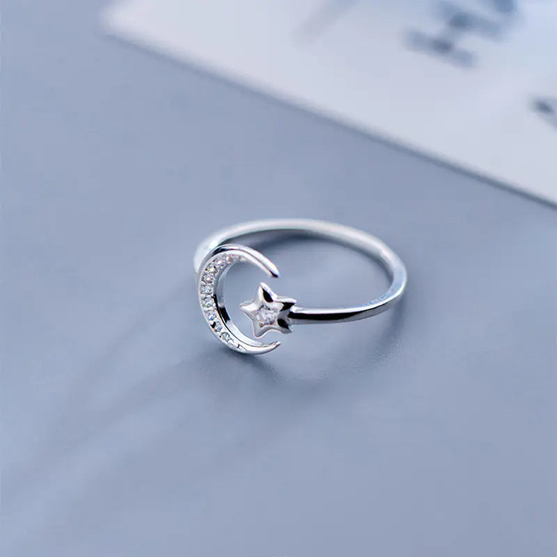 Korean Style S925 Sterling Silver Star Moon Open Ring