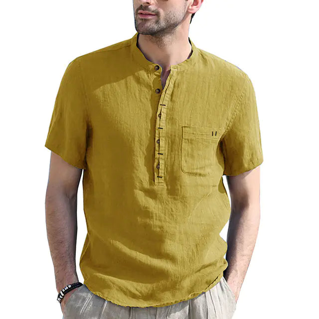 Men's Casual Cotton Linen Short Sleeve Polo Shirt