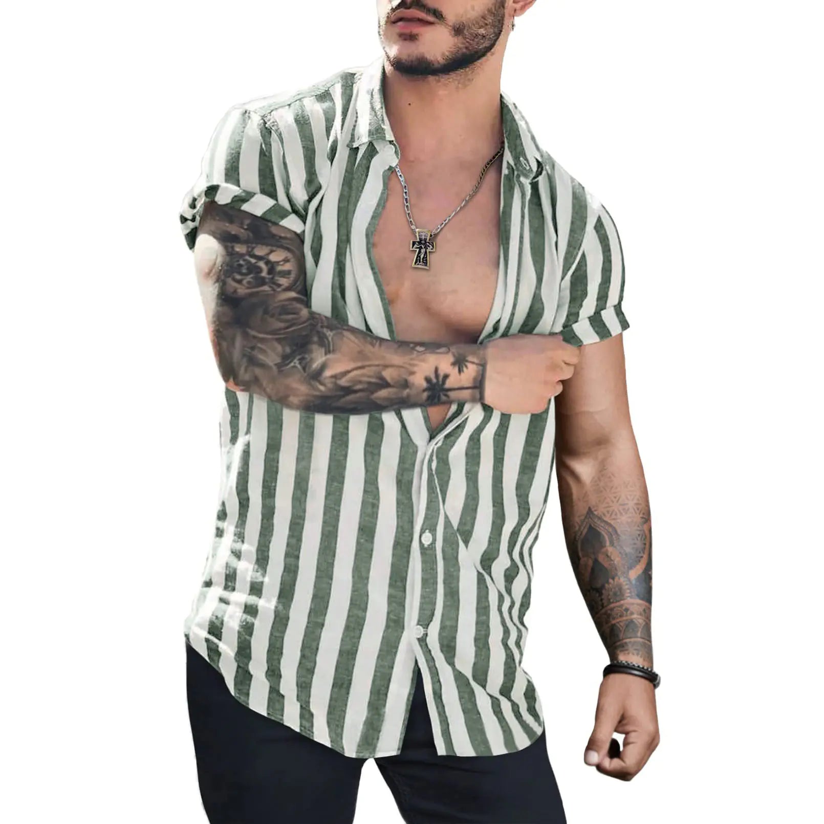 Men's Striped Short Sleeve Cardigan Shirt