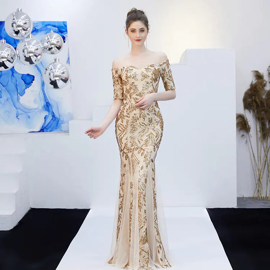 Elegant Champagne One-Shoulder Mermaid Evening Gown