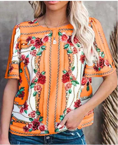 Women's Printed Round Neck Short Sleeve T-Shirt