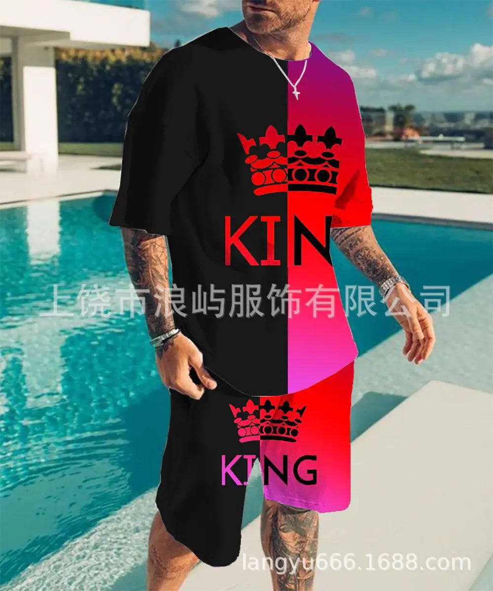 Men's Color Block 3D Printed T-Shirt Set for Summer 2023