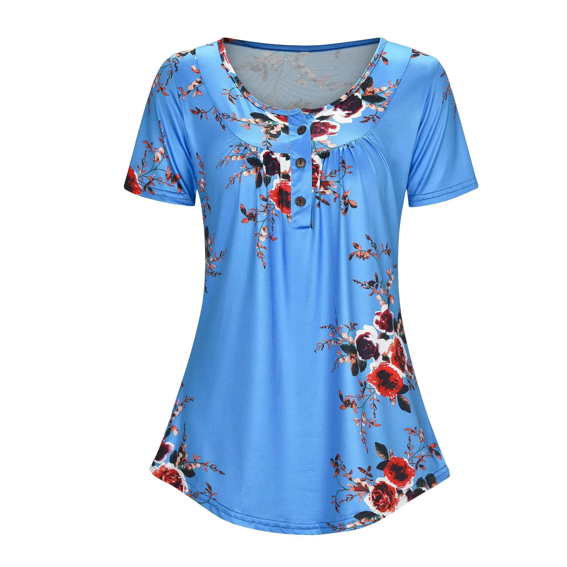 Loose-Fit Printed Short Sleeve T-Shirt with Buttons