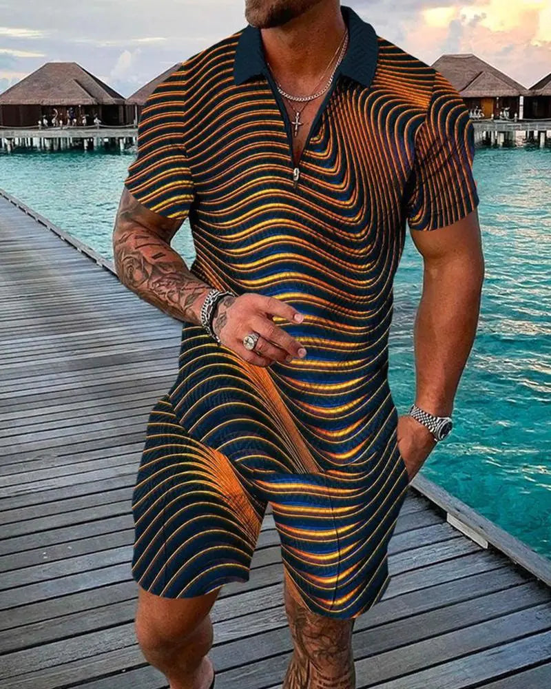 Men's 3D Digital Print Polo Shirt Set with Stripes