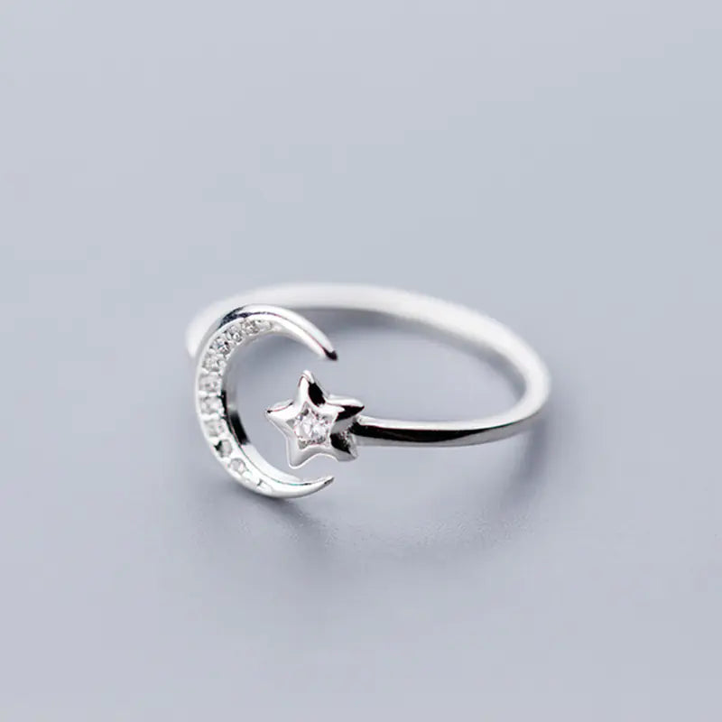 Korean Style S925 Sterling Silver Star Moon Open Ring