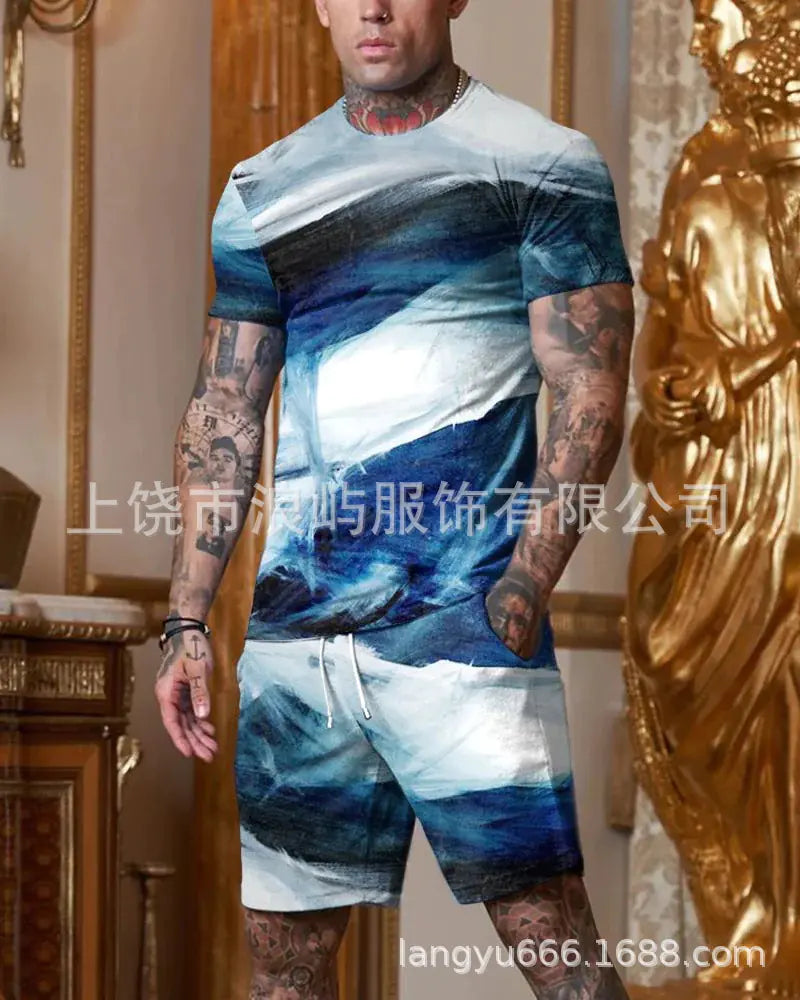 Men's Color Block 3D Printed T-Shirt Set for Summer 2023