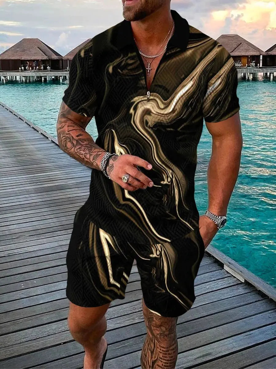 Men's 3D Digital Print Polo Shirt Set with Stripes