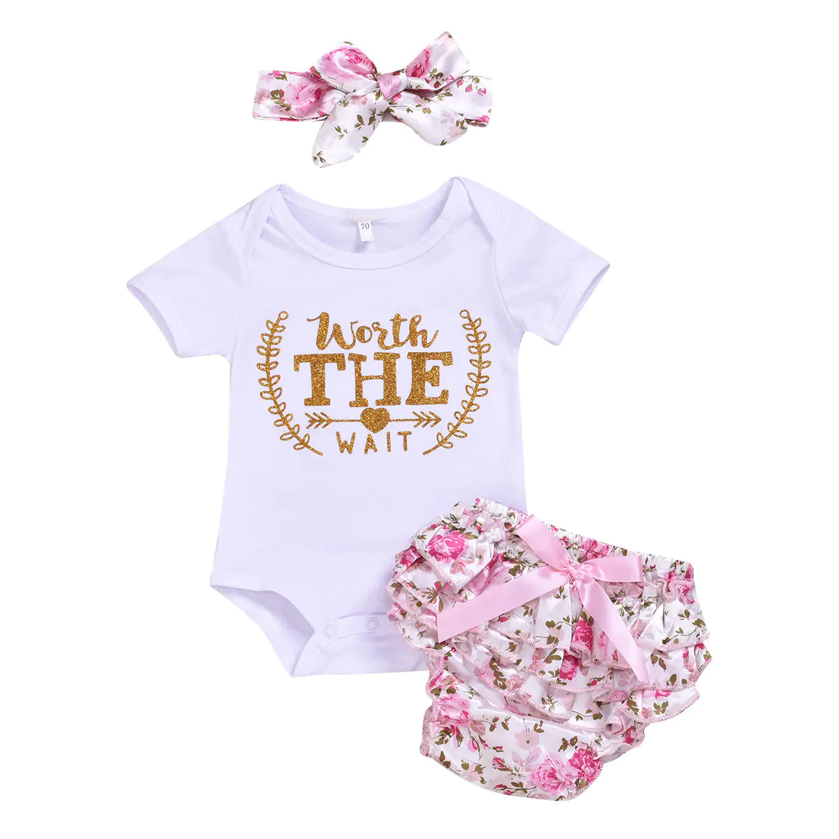 Baby Girls' Gold Letter Romper, Shorts & Headband Set