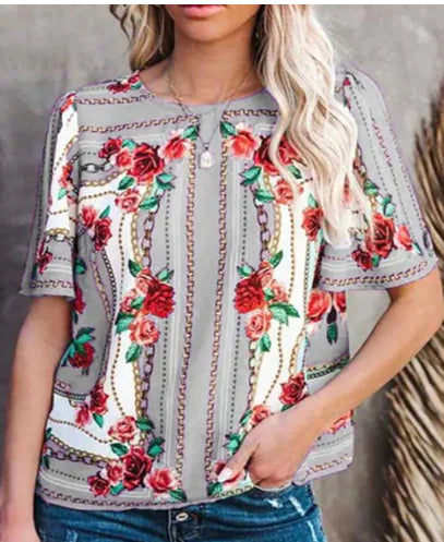 Women's Printed Round Neck Short Sleeve T-Shirt
