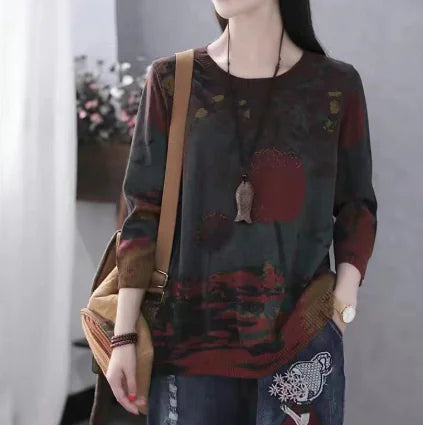 Summer Women's Loose Fit Printed Knit Cotton T-Shirt