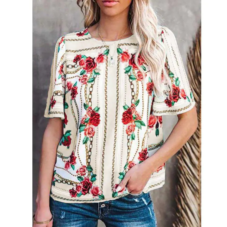Women's Printed Round Neck Short Sleeve T-Shirt