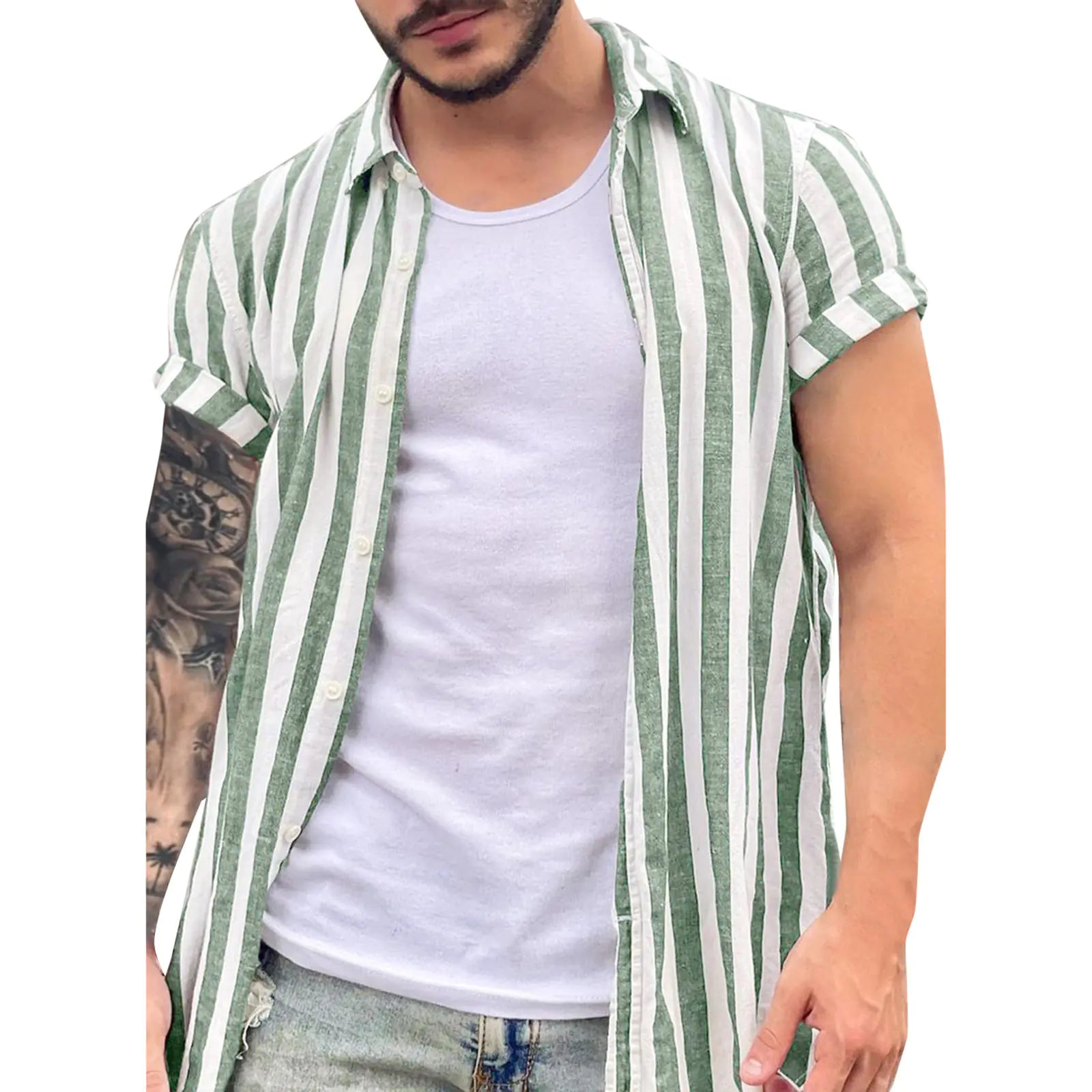 Men's Striped Short Sleeve Cardigan Shirt