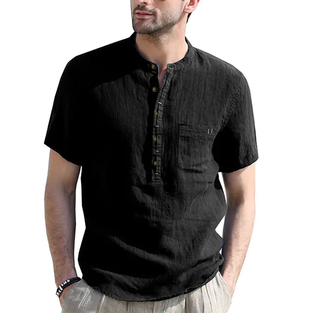 Men's Casual Cotton Linen Short Sleeve Polo Shirt