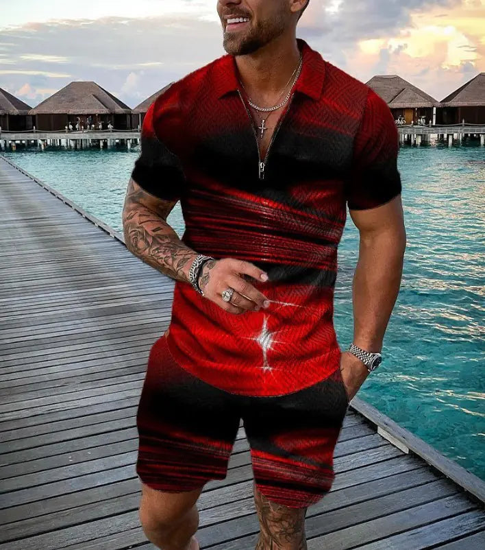 Men's 3D Digital Print Polo Shirt Set with Stripes