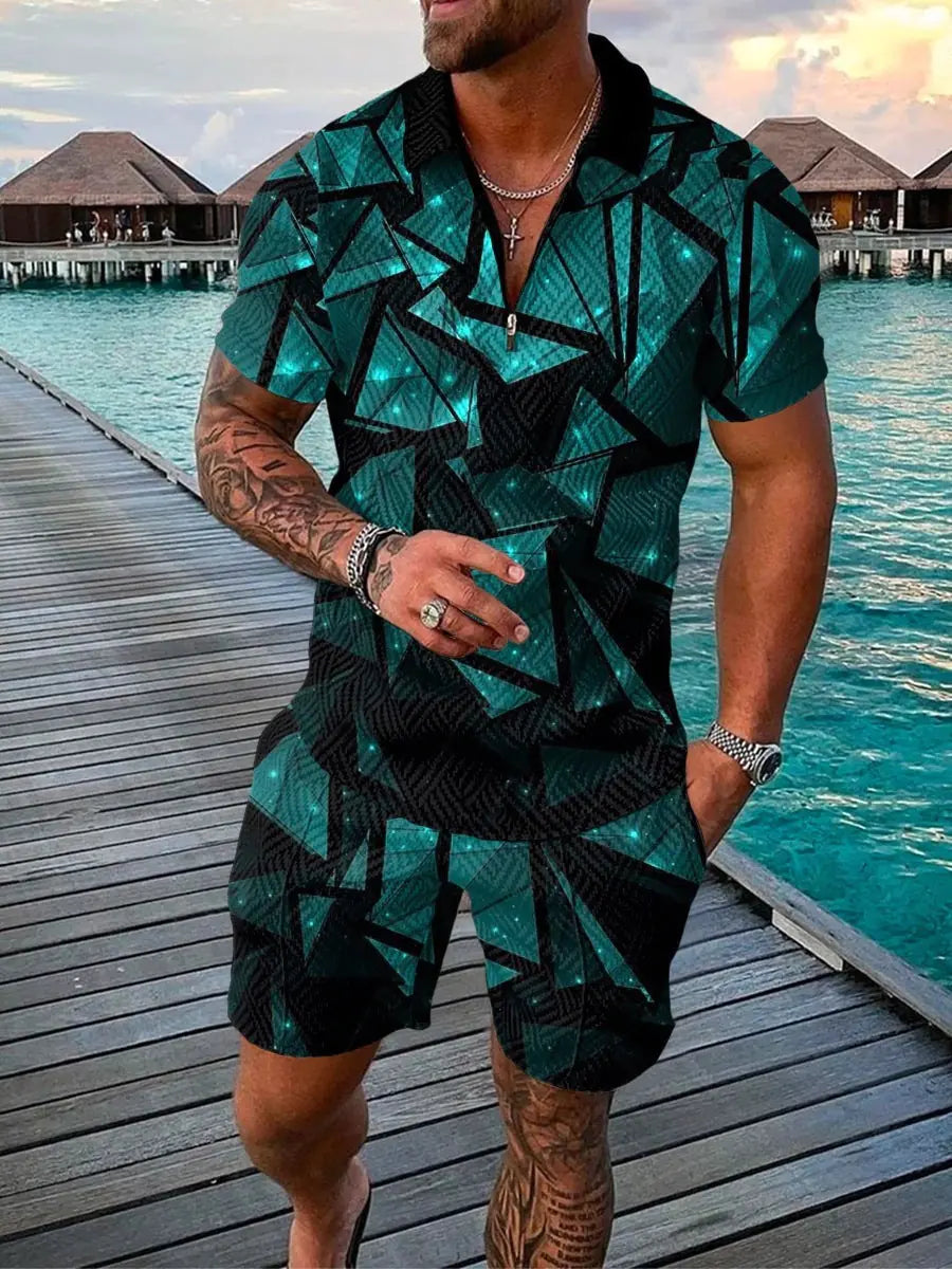 Men's 3D Digital Print Polo Shirt Set with Stripes