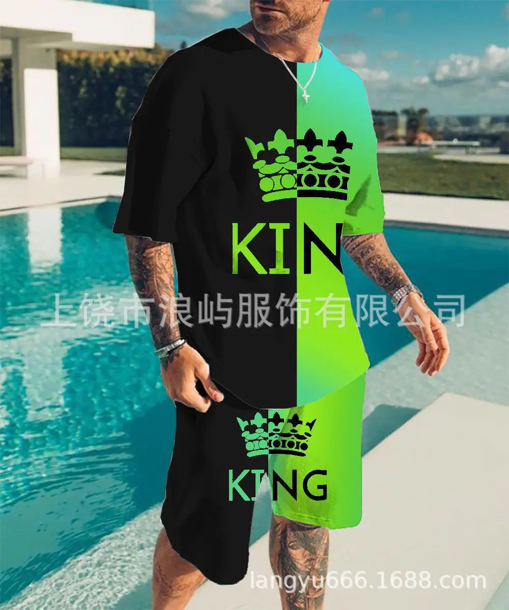 Men's Color Block 3D Printed T-Shirt Set for Summer 2023