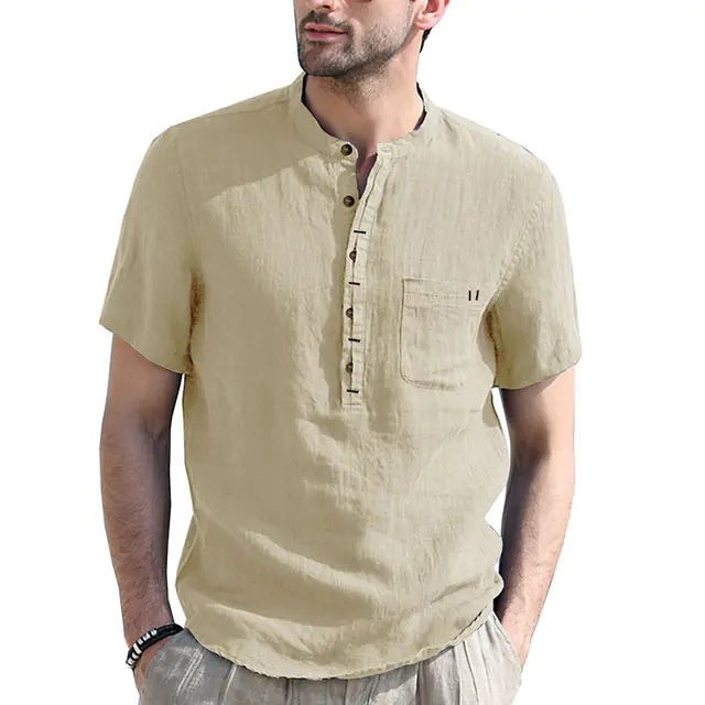 Men's Casual Cotton Linen Short Sleeve Polo Shirt