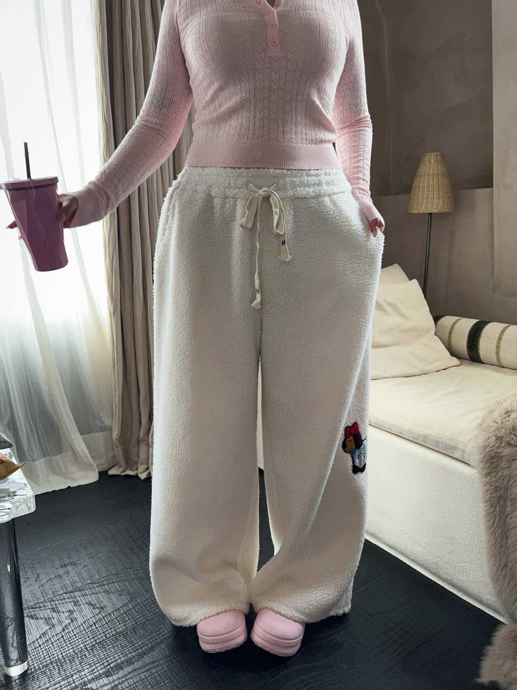 Large Loose Cute Sausage Puppy Embroidery Lamb Wool Wide Leg Casual Pants