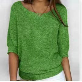 Three-quarter Sleeve Pullover Sweater Fashion Solid Color Loose Round Neck Knitted Top For Women Clothing