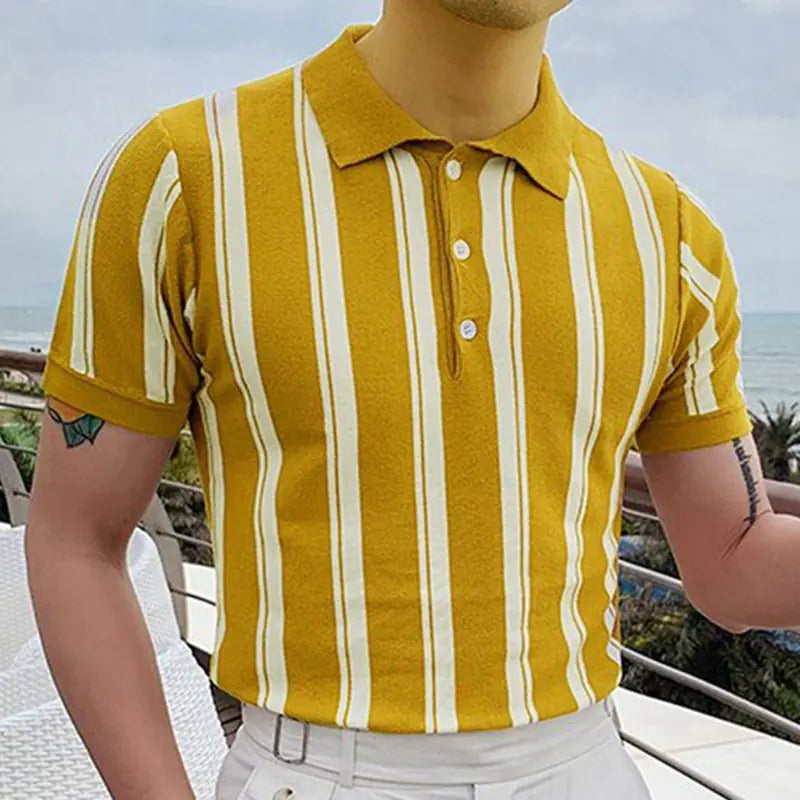 Men's Slim Fit Striped Knit Polo Shirt, Short Sleeve