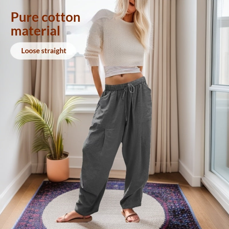 Womens Solid-Color Cotton-Linen Casual Loose Straight Pockets Lounge Pants With Drawstring
