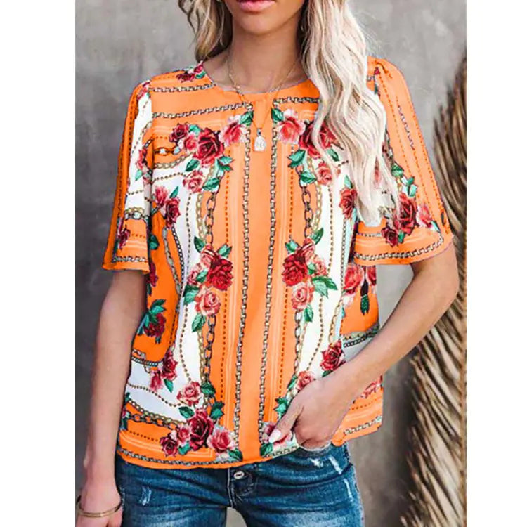 Women's Printed Round Neck Short Sleeve T-Shirt