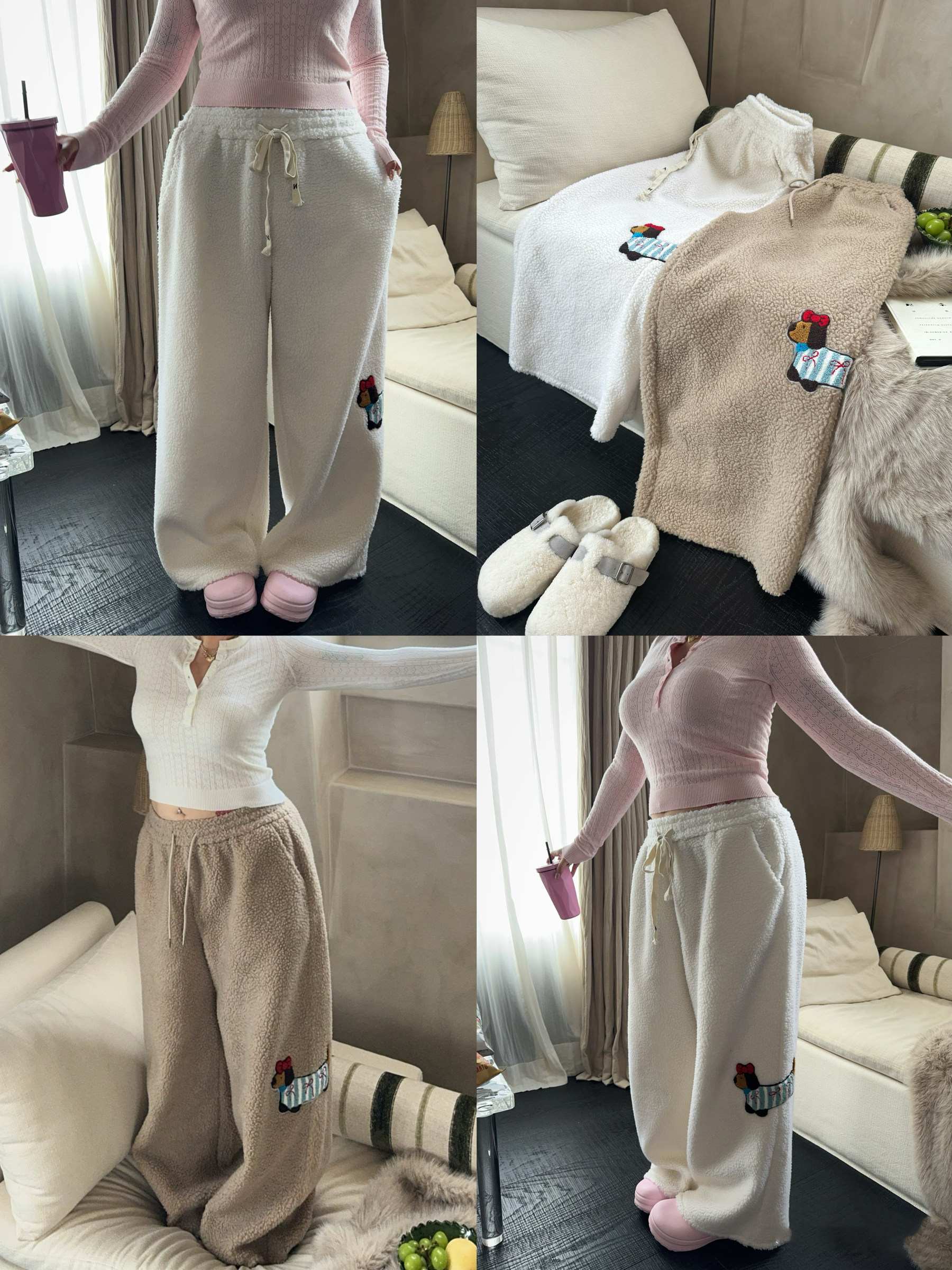 Large Loose Cute Sausage Puppy Embroidery Lamb Wool Wide Leg Casual Pants
