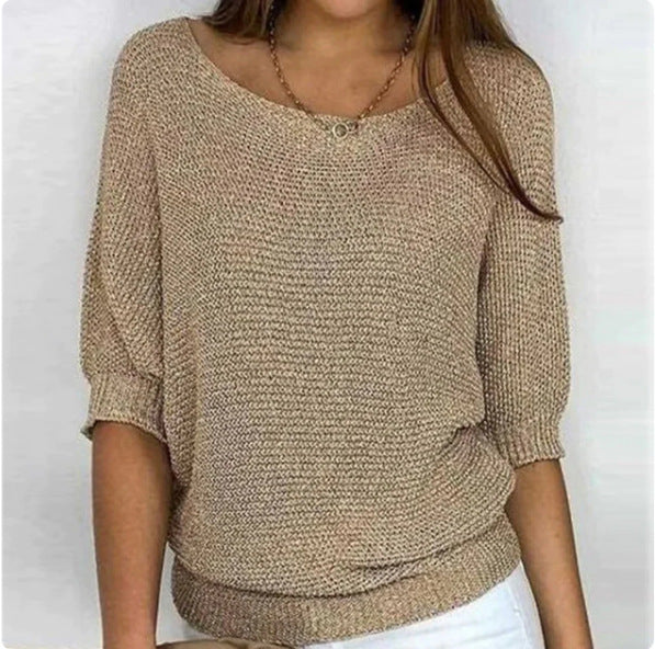 Three-quarter Sleeve Pullover Sweater Fashion Solid Color Loose Round Neck Knitted Top For Women Clothing