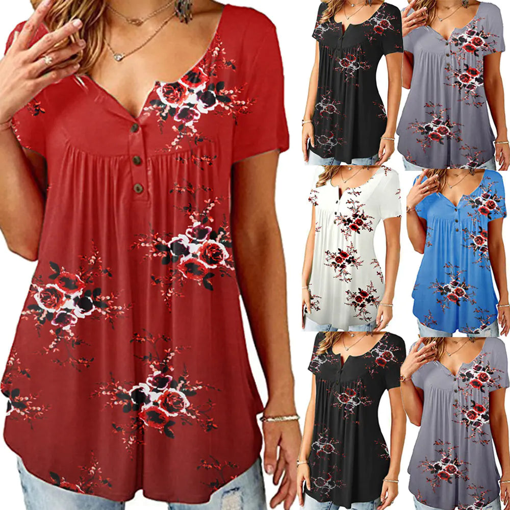 Loose-Fit Printed Short Sleeve T-Shirt with Buttons