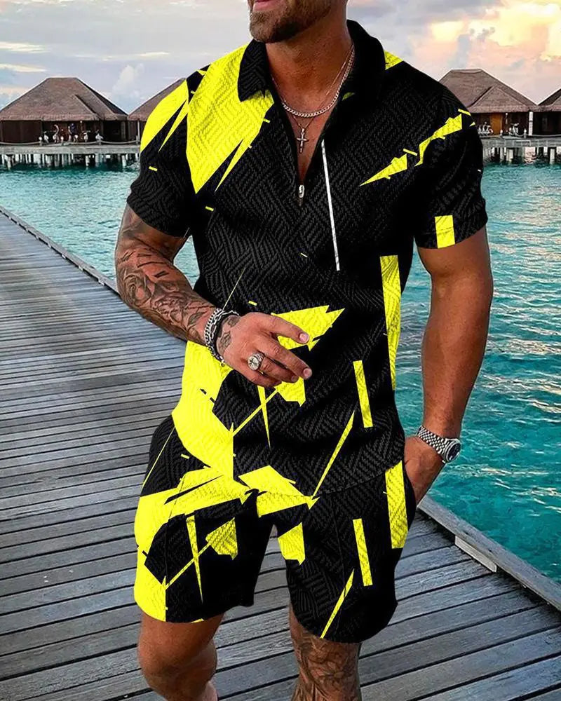 Men's 3D Digital Print Polo Shirt Set with Stripes