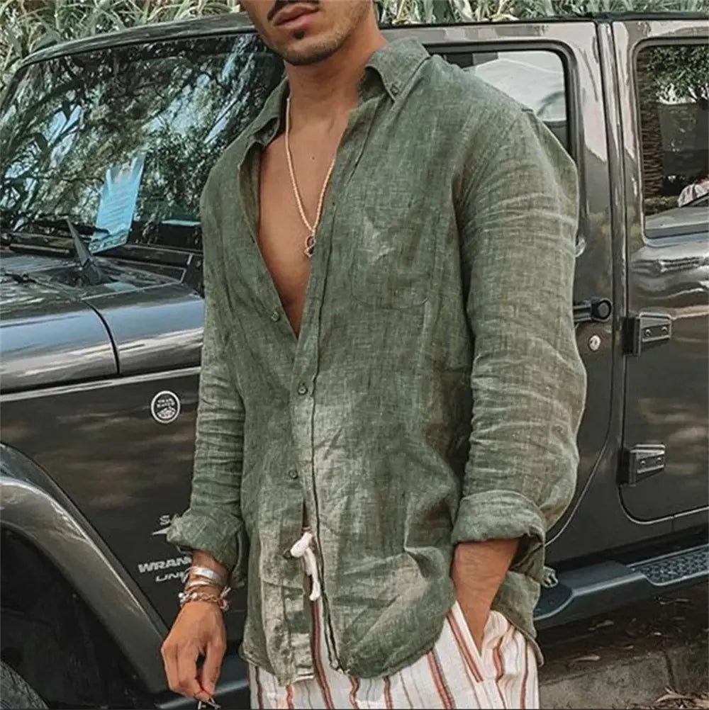 Men's Casual Cotton Linen Lapel Long-Sleeve Shirt