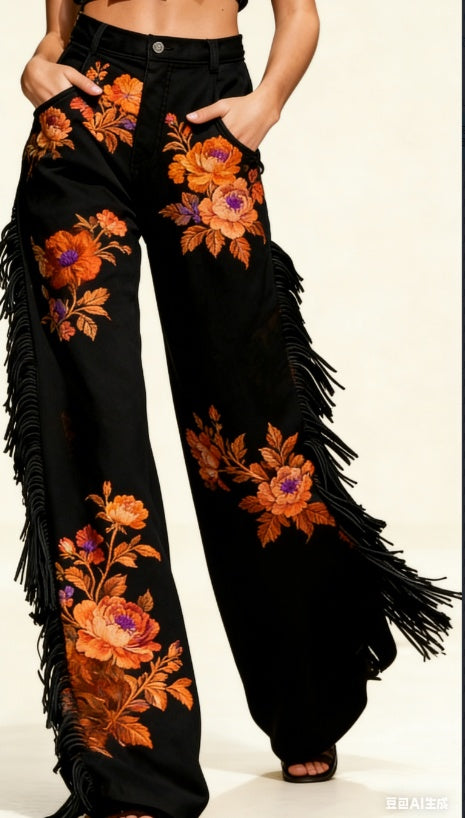 Retro Floral Print Fringed Wide-Leg Pants