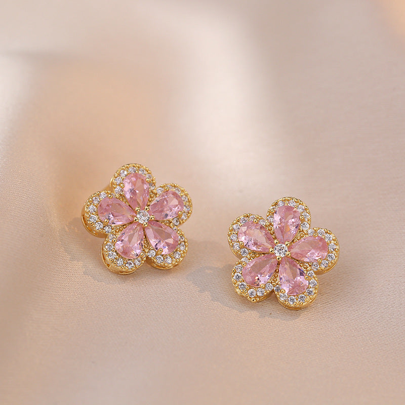 Pink Zircon Flower Pendant Necklace Set for Women