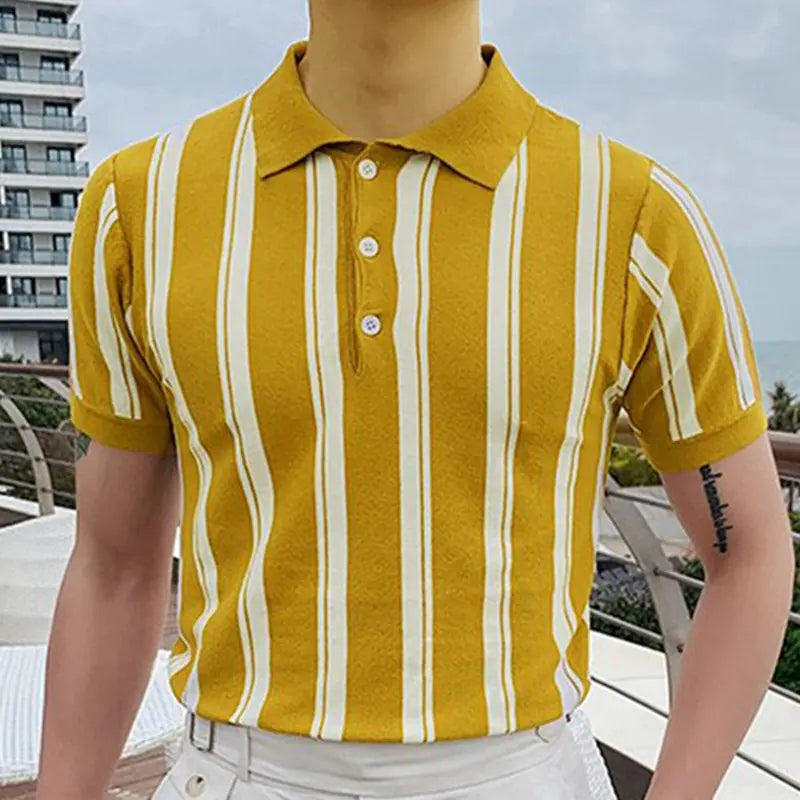 Men's Slim Fit Striped Knit Polo Shirt, Short Sleeve