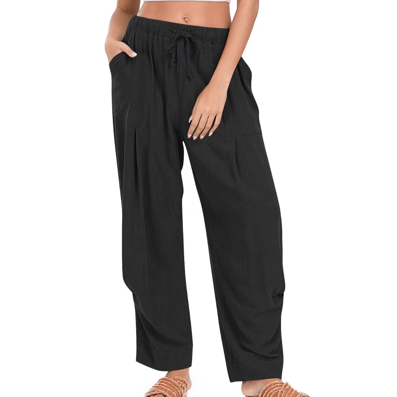 Womens Solid-Color Cotton-Linen Casual Loose Straight Pockets Lounge Pants With Drawstring