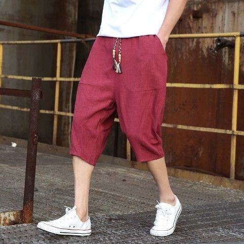 Mens Casual Loose Linen Cropped Pants