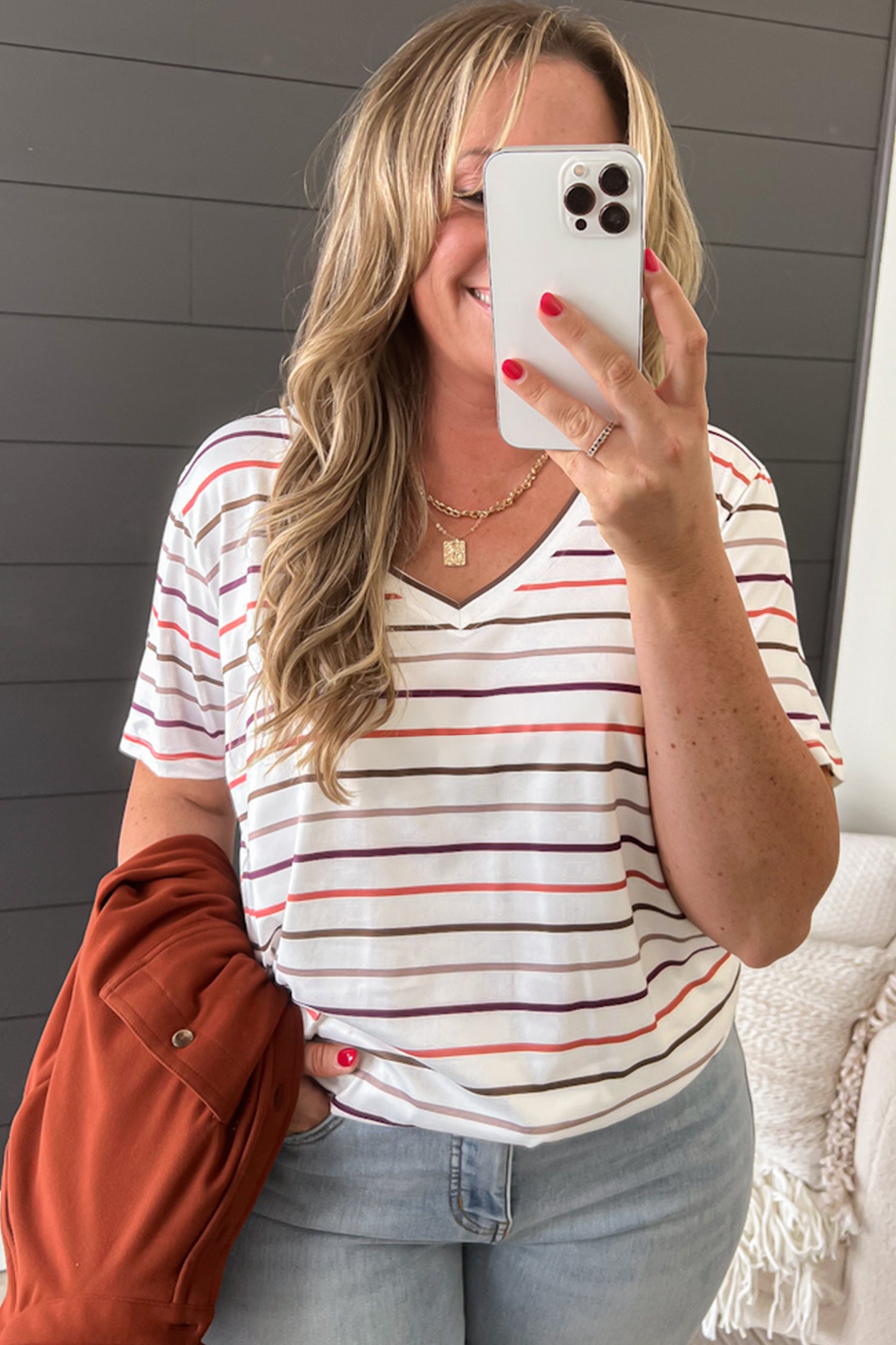 White Stripe V Neck Casual Plus Size Tee