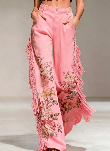 Retro Floral Print Fringed Wide-Leg Pants
