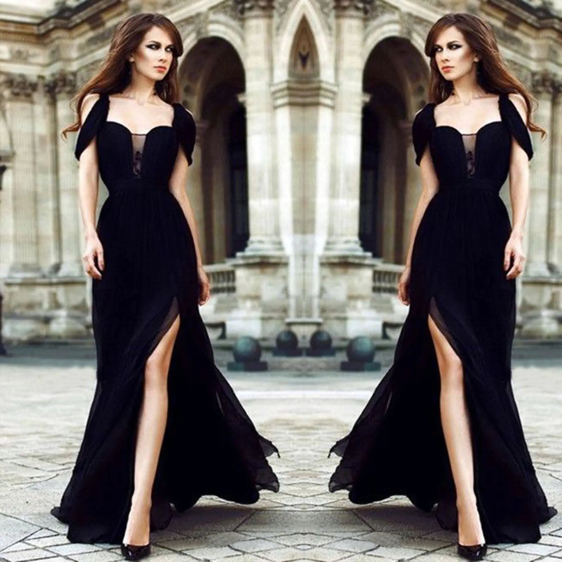 Chiffon Long Dress Evening Gown with Black Lace