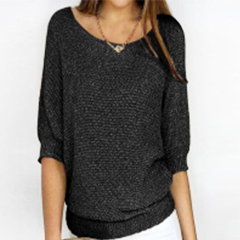 Three-quarter Sleeve Pullover Sweater Fashion Solid Color Loose Round Neck Knitted Top For Women Clothing