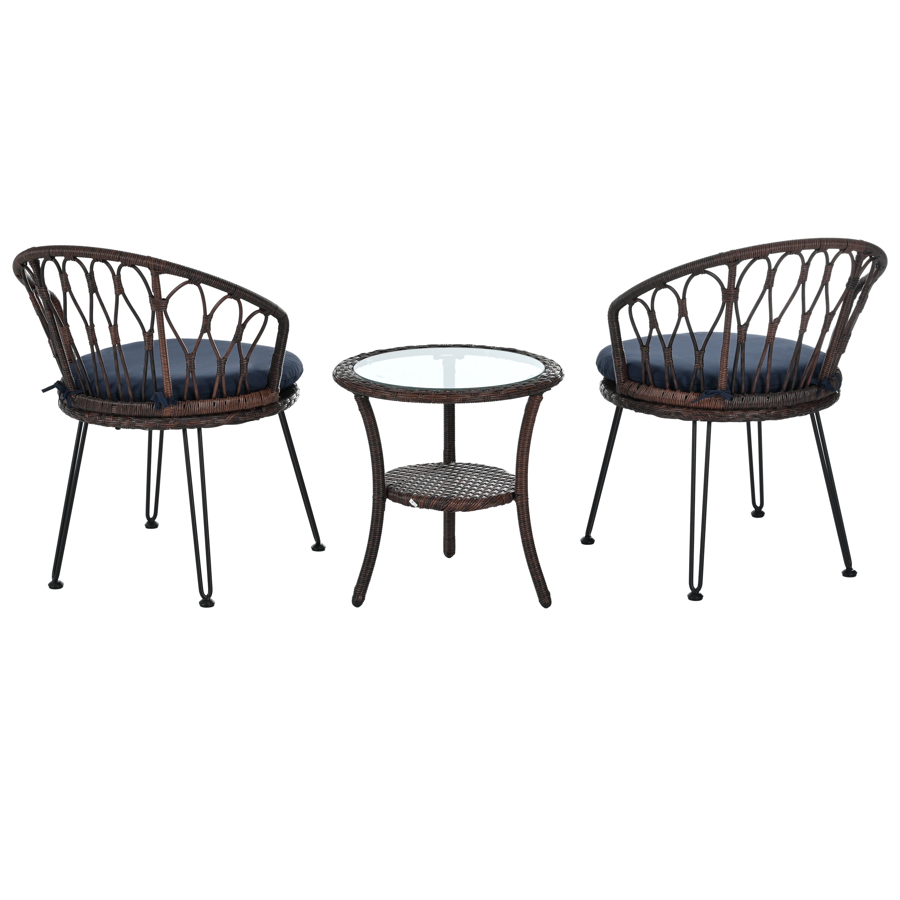 Outdoor Leisure Set, 2 Rattan Single Chairs with A Glass Round Table,