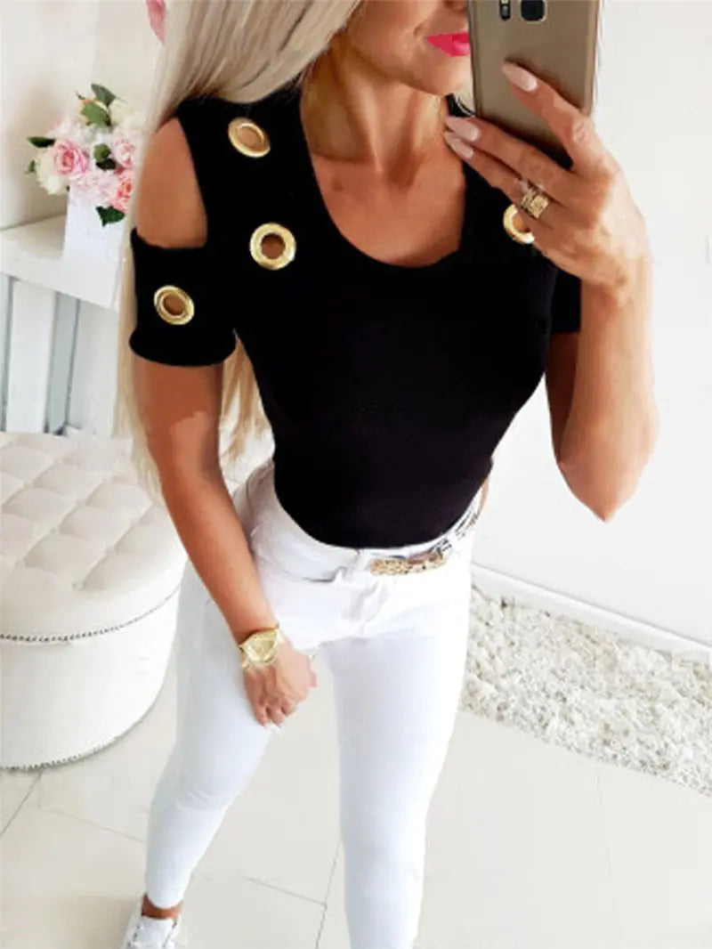 Solid Color Button Round Neck Short Sleeve T-Shirt